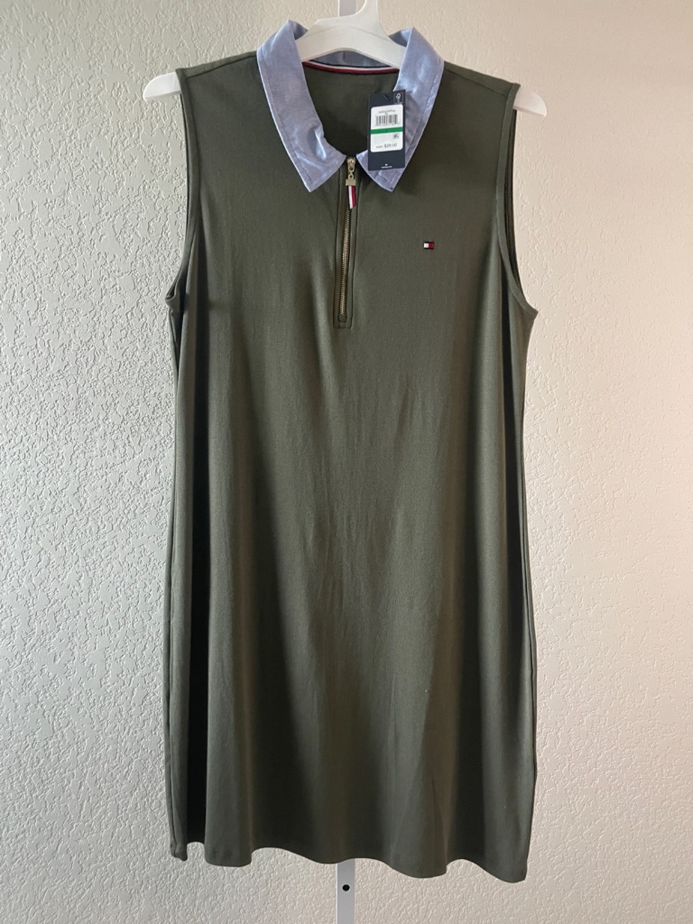 Tommy Hilfiger Olive Sleeveless Polo Dress with Light Blue Collar